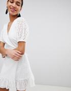 Fashion Union Wrap Dress In Broderie - White