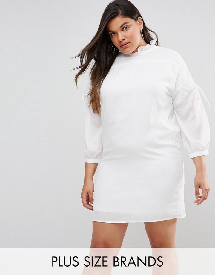Fashion Union Plus Long Sleeve Smock Dress With Ribbon Tie Gathers - White