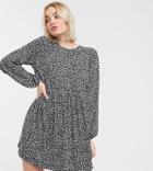 Monki Wera Long Sleeve Floral Print Jersey Dress In Black And White-multi