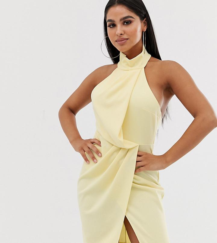 Asos Design Petite Halter Drape Pencil Midi Dress - Yellow