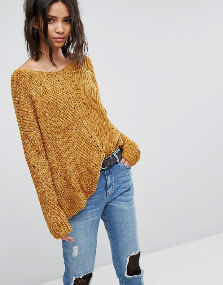 Stradivarius Scoop Neck Chenille Sweater - Yellow