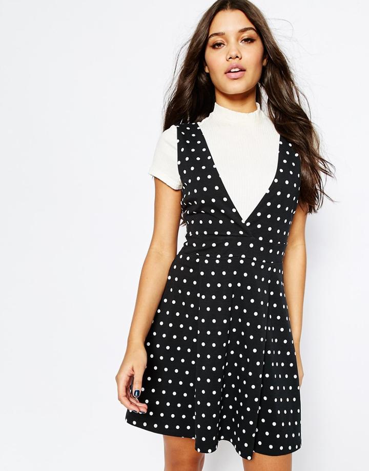 Asos Wide Strap Pinafore Dress In Polka Dot - Black