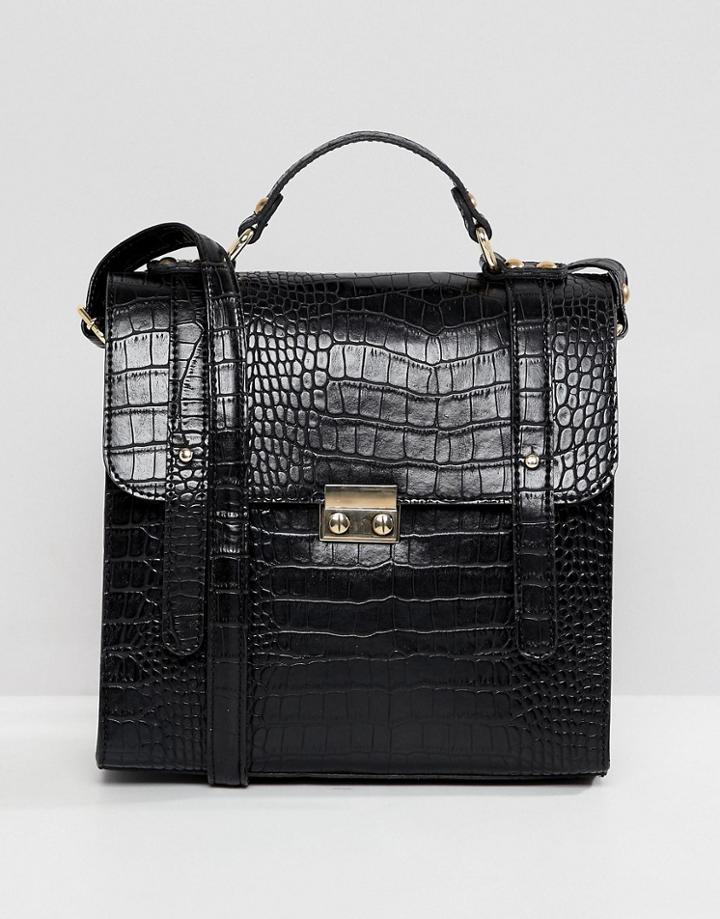 Asos Design Push Lock Satchel In Croc - Black