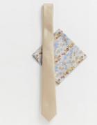 Asos Design Wedding Slim Tie & Pocket Square In Cream - Cream