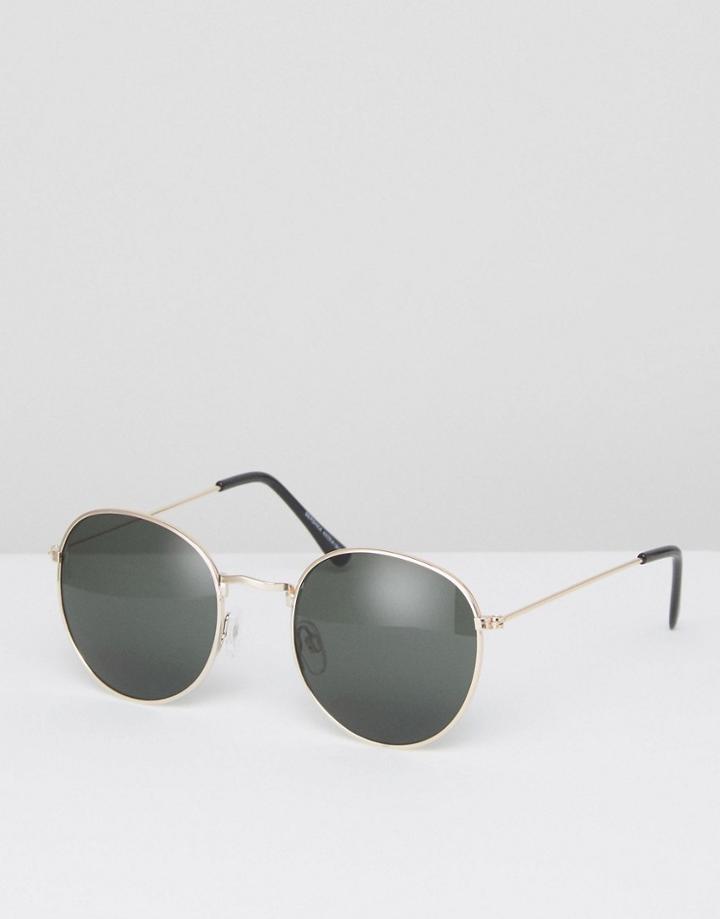 Bershka Retro Round Sunglasses In Gold With Black Lens - Gold