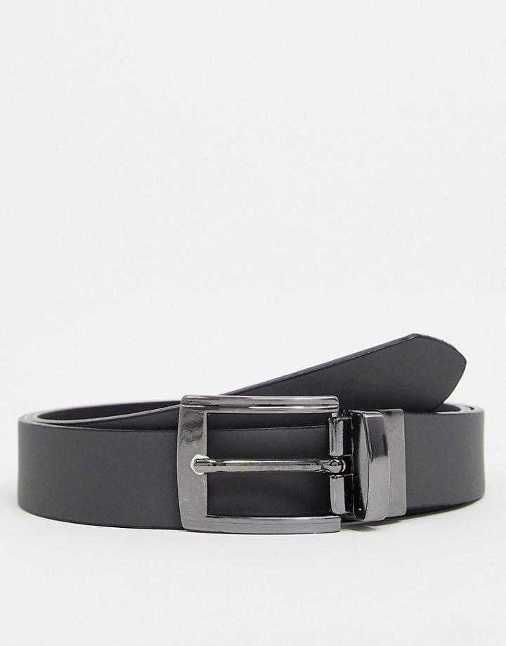 Asos Design Slim Reversible Belt In Black And Dark Gray Faux Leather