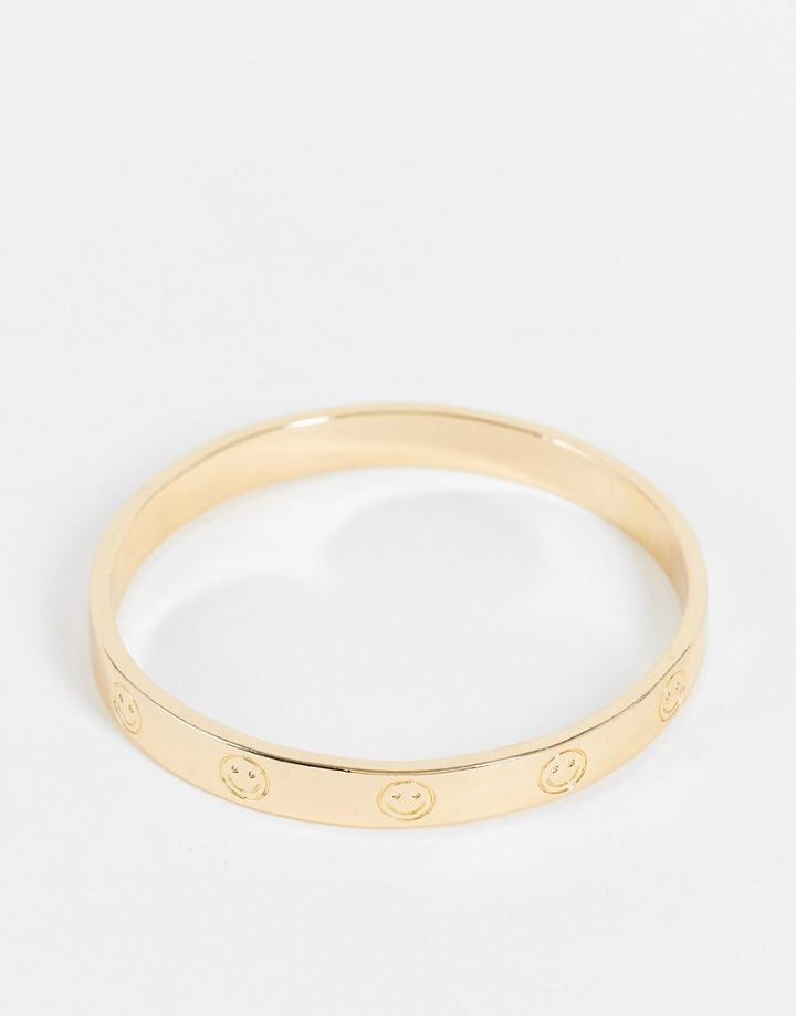 Asos Design Bangle Bracelet With Happy Face Design In Gold Tone