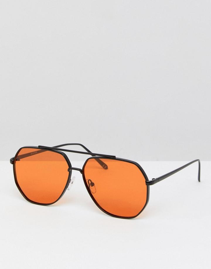 Asos Black Metal Aviator Fashion Sunglasses With Orange Lens - Black