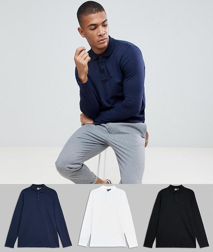 Asos Design Long Sleeve Polo In Jersey 3 Pack Save - Multi