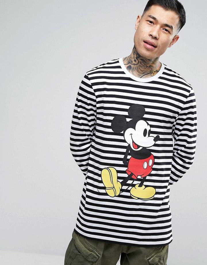 Asos Mickey Mouse Longline Striped Long Sleeve T-shirt - White