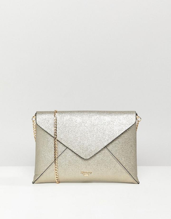 Dune Enria Gold Metallic Envelope Clutch Bag With Detachable Strap - Gold