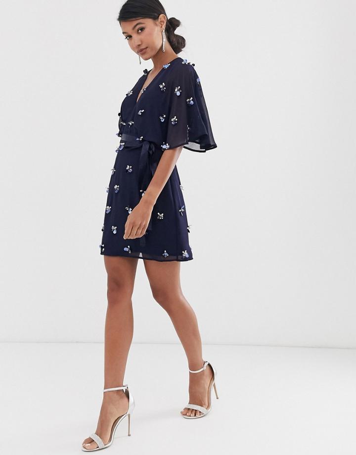 Asos Design Mini Dress With Wrap And Tie In Embellished Clusters-multi