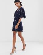 Asos Design Mini Dress With Wrap And Tie In Embellished Clusters-multi