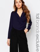 Alter Tall Wrap Front Woven Top Body With Jersey Bottom - Navy