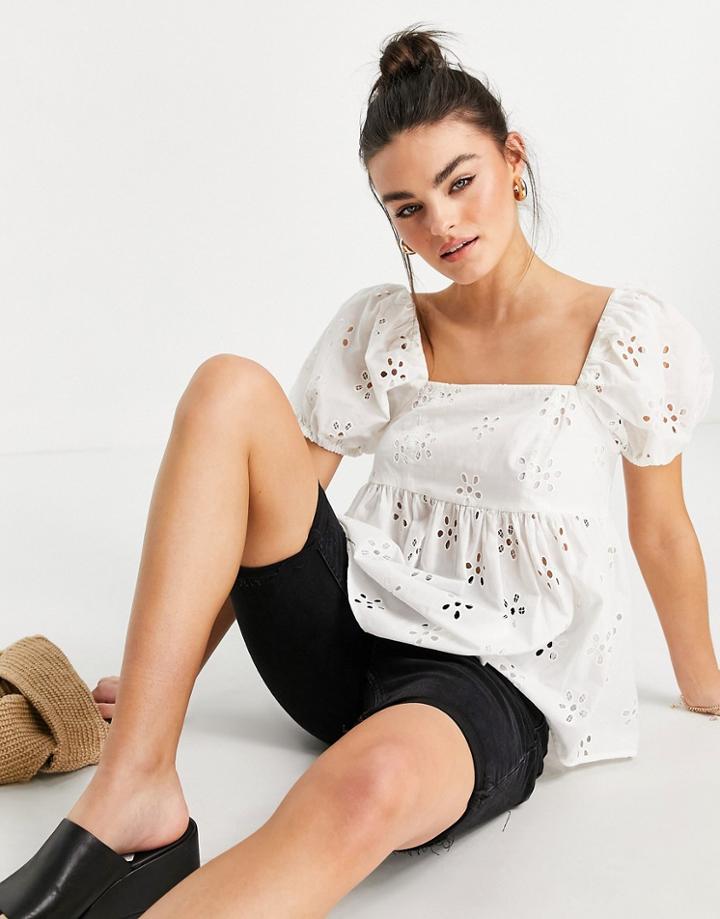 Asos Design Daisy Broderie Smock Top In Ivory-white
