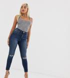 Asos Design Petite Ridley High Waisted Skinny Jeans In Dark Stonewash Blue With Busted Knee-blues