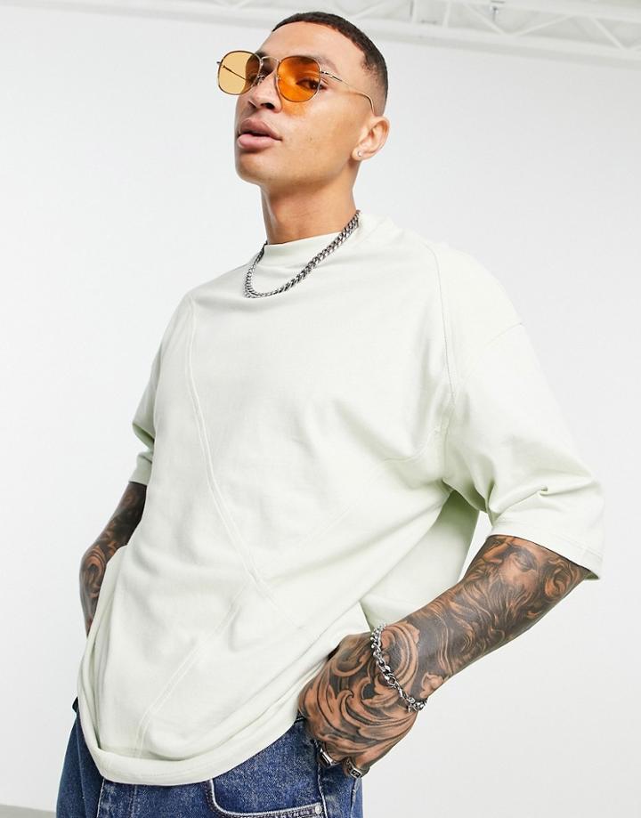 Asos Design Oversized Panel Cut And Sew Pique T-shirt With Half Sleeve In Light Green-blues