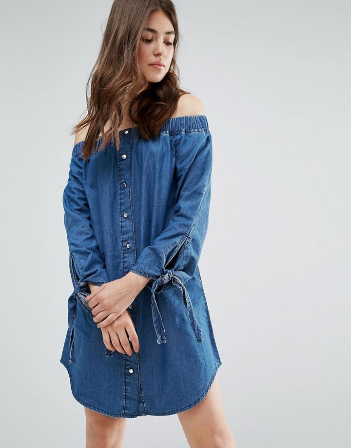 Parisian Off Shoulder Denim Dress - Blue