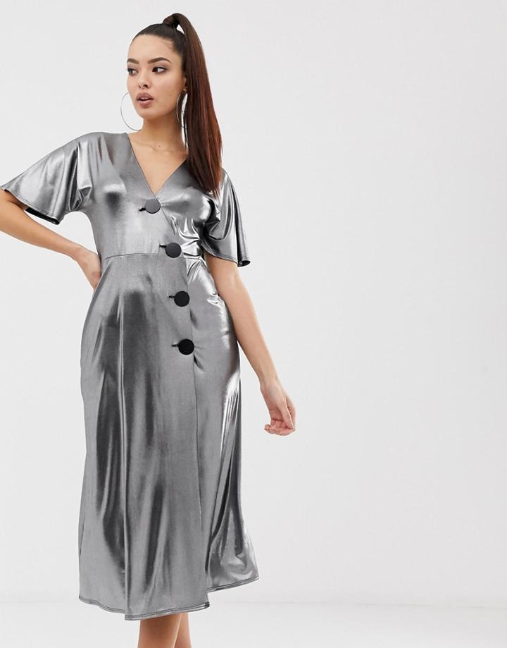 Asos Design Silver Metallic Midi Tea Dress With Metal Buttons - Silver