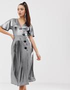 Asos Design Silver Metallic Midi Tea Dress With Metal Buttons - Silver