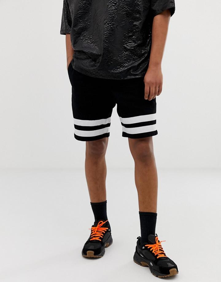 Asos Design Relaxed Fit Denim Shorts In Black With White Stripes - Black