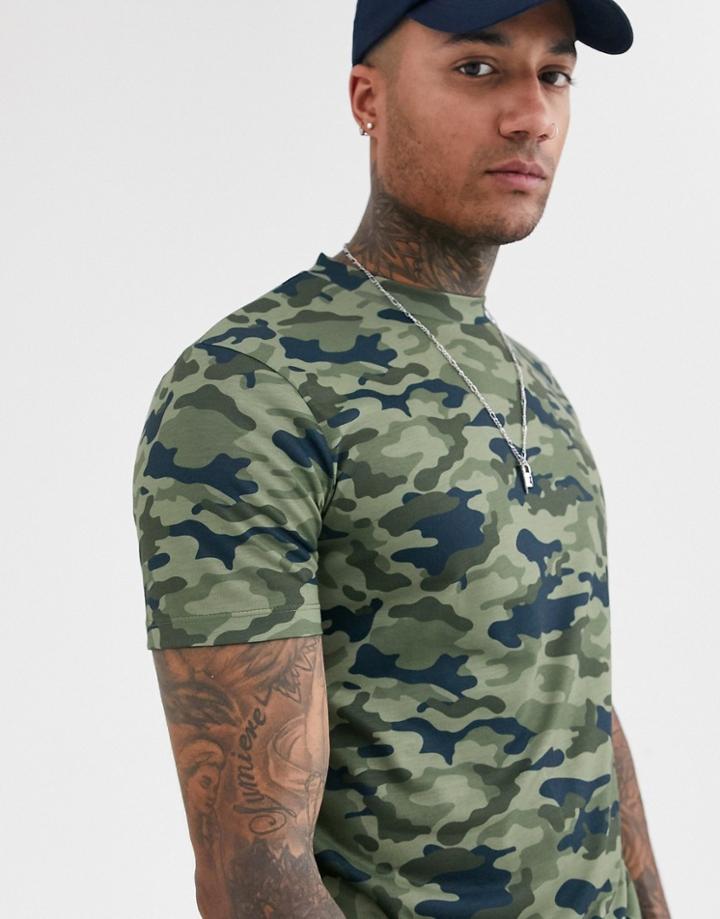 Asos Design T-shirt With All Over Camo Print-green