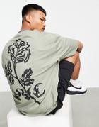 Asos Design Oversized T-shirt In Khaki With Rose Back Print-green