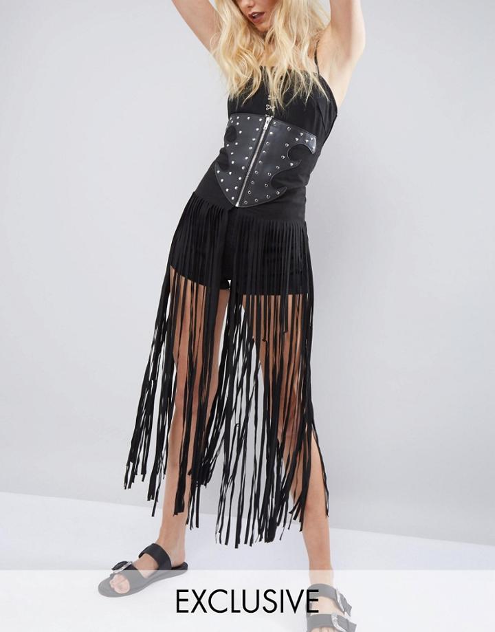 Sacred Hawk Western Rivet Belt With Fringing - Black