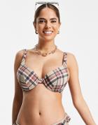 Asos Design Fuller Bust Underwired Bikini Top In Neutral Check-multi
