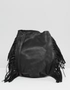 Mango Leather Fringed Bucket Bag - Black