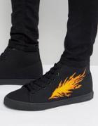 Asos Lace Up Sneakers In Black With Fire Embroidery - Black