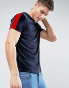Asos T-shirt In Velour With Contrast Sleeve Panels - Navy