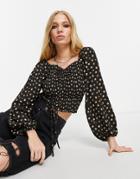 Topshop Retro Floral Spot Print Ruched Top In Black