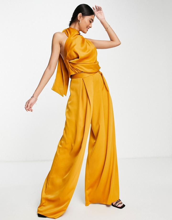 Asos Design Set Satin Wide Leg Pants-gold