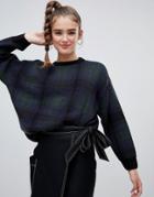 Monki Oversized Check Longline Sweater In Navy - Black