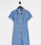 Asos Design Tall Denim Fitted Shirt Dress In Midwash-blues