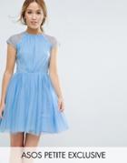 Asos Petite Premium Lace Tulle Mini Prom Dress - Blue