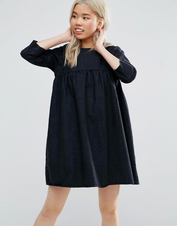 Asos Denim Smock Dress In Washed Black - Black