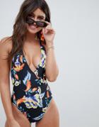 Asos Design Cross Back Plunge Swimsuit In Wild Tropical Print - Multi