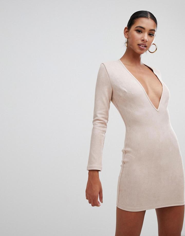 In The Style Tammy Hembrow Suede Plunge Mini Dress - Beige