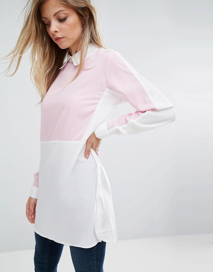 Ax Paris Blue Half Striped Long Line Shirt - Blue