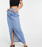 Asos Design Petite Organic Cotton Blend Denim '90s' Maxi Skirt In Midwash-blues