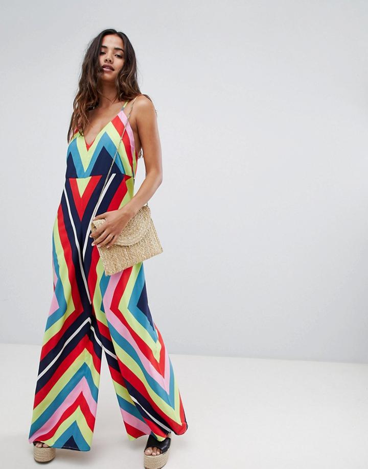 Asos Design Deep V Strap Back Jumpsuit In Rainbow Stripe - Multi