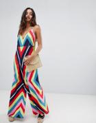 Asos Design Deep V Strap Back Jumpsuit In Rainbow Stripe - Multi