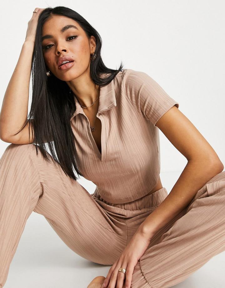 Asos Design Mix & Match Lounge Rib Collared Top In Brown-neutral