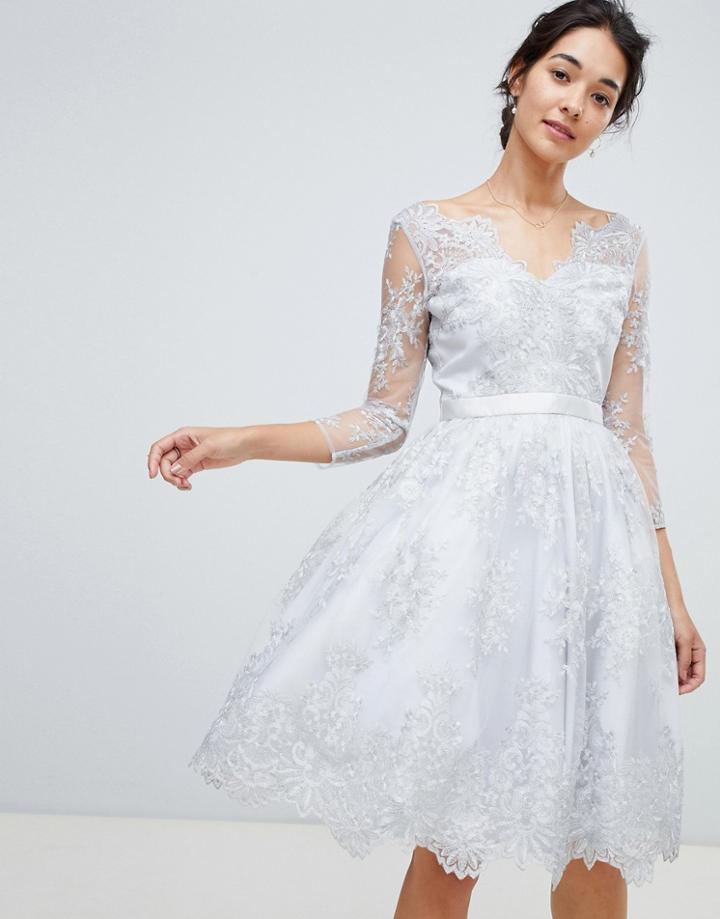 Chi Chi London Premium Lace Scalloped Neck Midi Dress In Silver - Silver