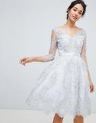 Chi Chi London Premium Lace Scalloped Neck Midi Dress In Silver - Silver
