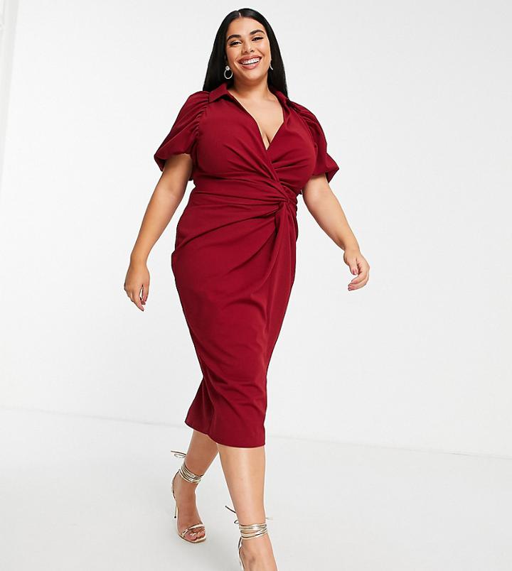 Asos Design Curve Knot Detail Wrap Midi Shirt Dress In Oxblood-red