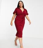 Asos Design Curve Knot Detail Wrap Midi Shirt Dress In Oxblood-red