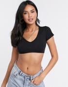 Asos Design Crop Top With Cap Sleeve And Shaped Hem In Black